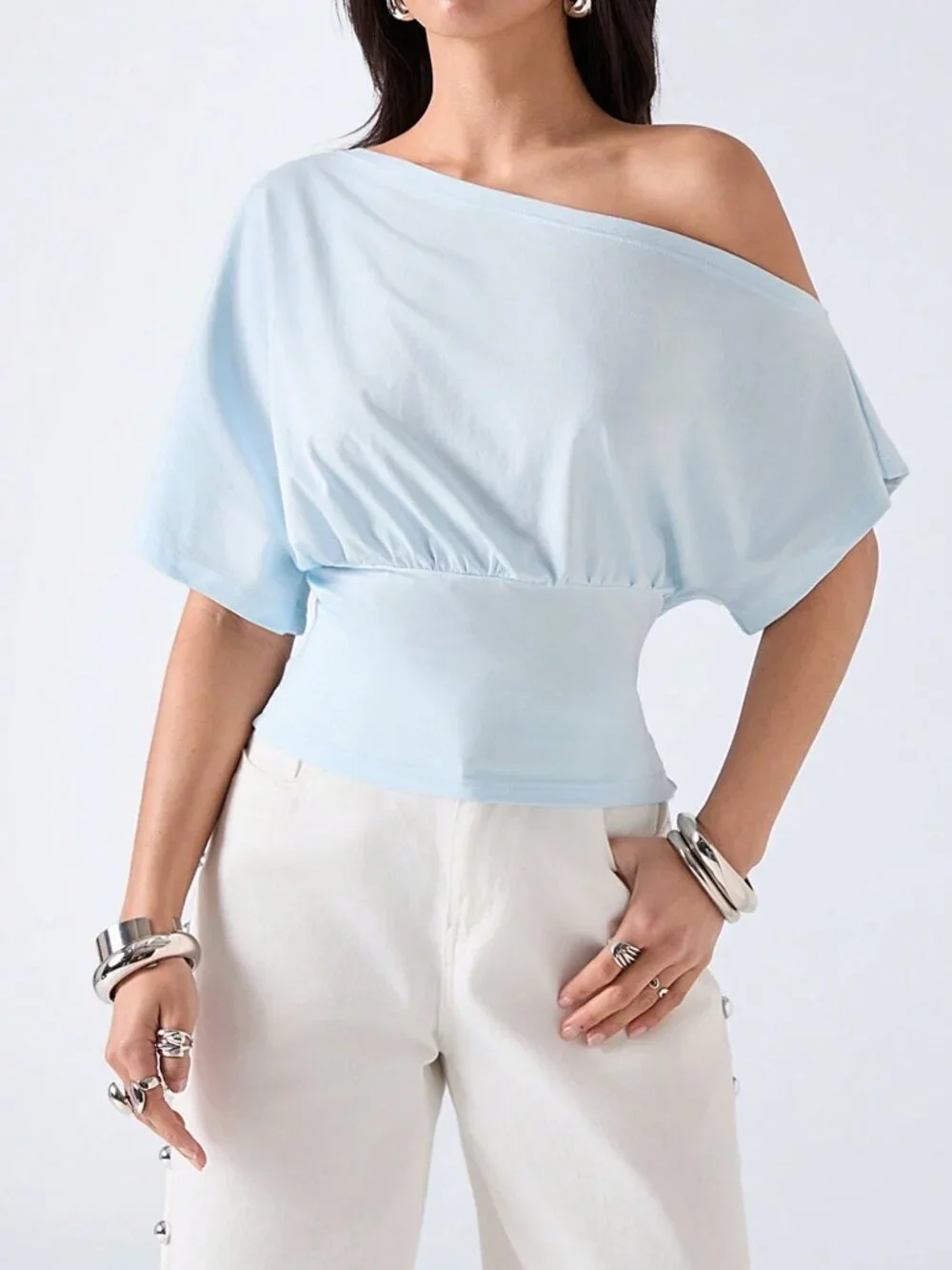 Mint Blue Casual Women's Lace Patchwork Ruffle T-Shirt